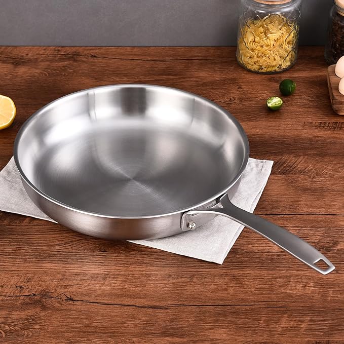 Inqibee 8.5-10-12 Inch Tri-Ply Stainless Steel Frying Pan Set of 3 with a Lid, Skillets, Chef's Pan, Induction Cooking Pans, Dishwasher Safe and Detachable Handle
