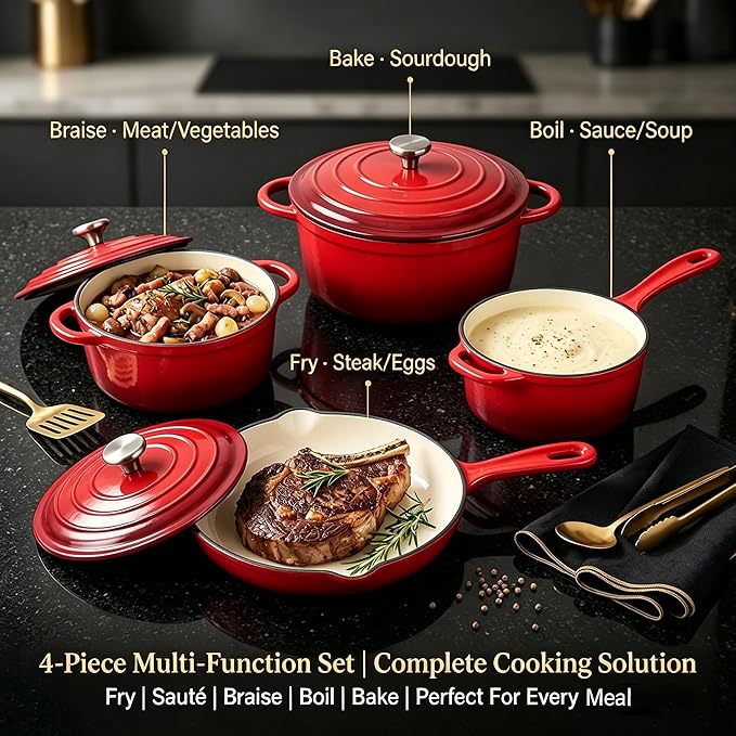 QuliMetal Enameled Cast Iron Cookware Set, 4-Piece Pots and Pans Set with Lids, 10.25" Skillet, 2QT Saucepan, 2.8QT & 4.8QT Dutch Ovens, Oven Safe to 500°F, All Stovetops Compatible - Rouge Red