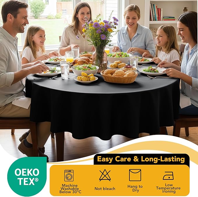 6-Pack Black Round Tablecloths, 132 Inches, Stain-Resistant Polyester for 6-8 Ft Round Tables - Washable Table Covers for Weddings, Banquets, Birthday Parties, Events