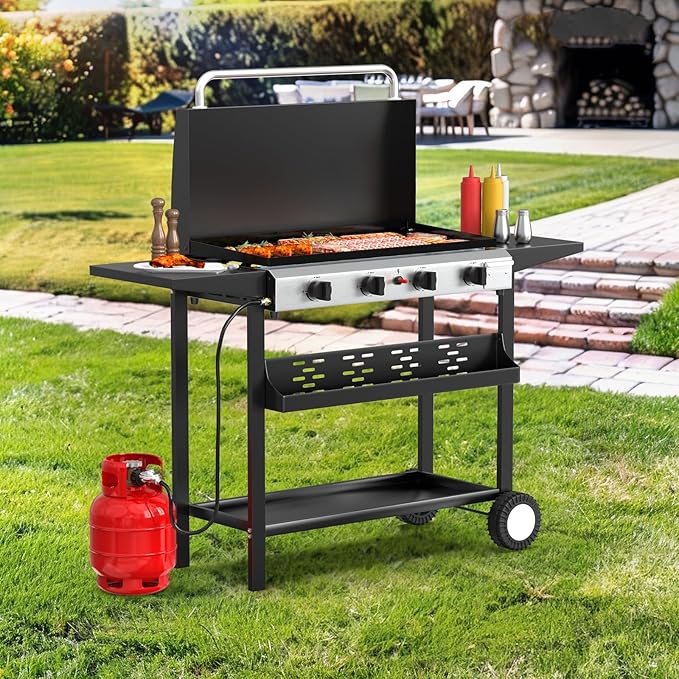 Bonnlo 40000BTU Propane Griddle with Lid and Ignition, Standing Flat Top Gas Grill with Storage Shelf and Portable Rolling Wheels, 4 Burner Camping Cooker for Patio Backyard Outdoor Cooking BBQ