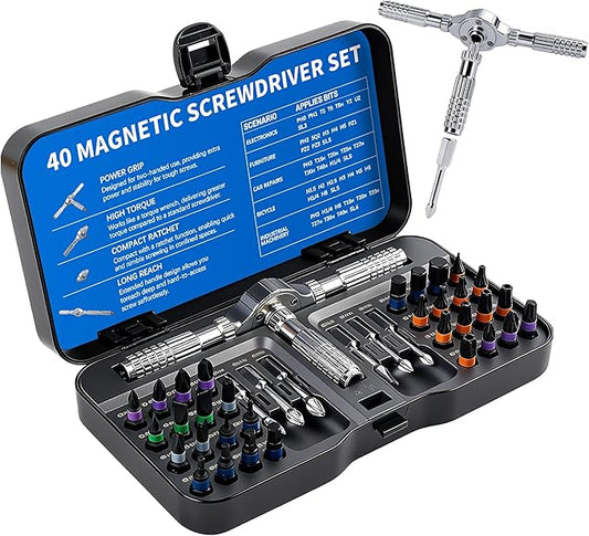 40 in 1 Magnetic Ratchet Screwdriver Set, Multi Bit Ratcheting Screwdriver Set, Detachable Magsnap Allen Wrench Ratchet Precision T-Handle, Portable Tool Kit for Furniture, Bicycle, DIY Repair, Gray