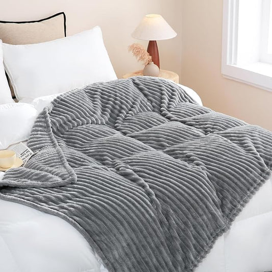 Grey Fleece Throw Blanket 108”×90” for Couch Sofa Bed,Super Soft Cozy Plush Microfiber Flannel Blanket with Stripes Design Lightweight for Adults,Woman,Girls