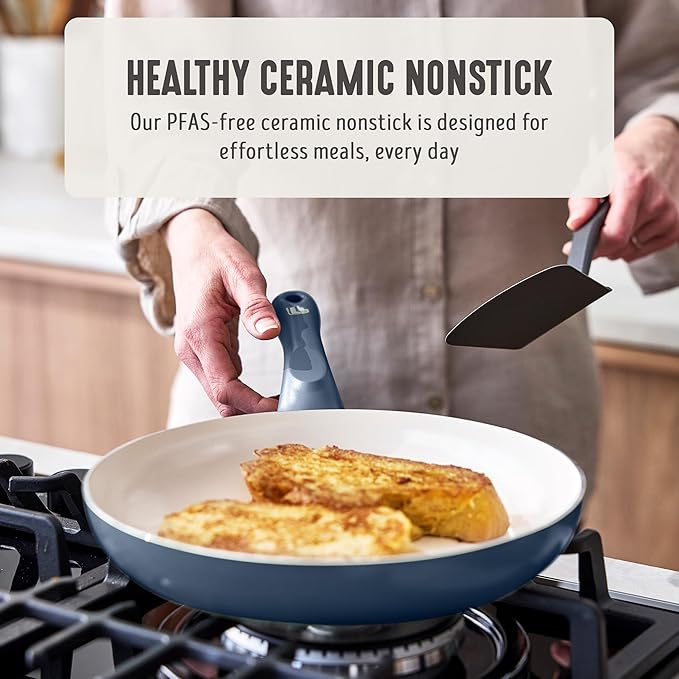 GreenLife 16-Piece Nonstick Cookware Set, Non-Toxic Ceramic Pots and Pans Set, Durable Healthy Kitchen Essentials, Fast Heating, Induction Ready, Easy Clean Dishwasher Safe, PFAS-Free, Slate Blue