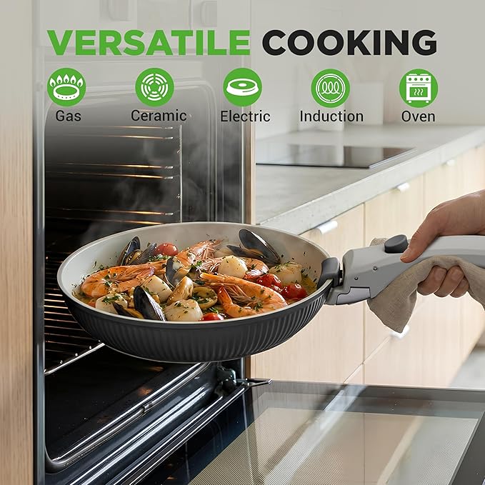 NutriChef 18-Piece Ceramic Cookware Set with Detachable Handles, Non Stick Pots and Pans, PTFE-Free Natural Ceramic Coating, Space-Saving Design, Oven & Stove Safe, Includes Utensils