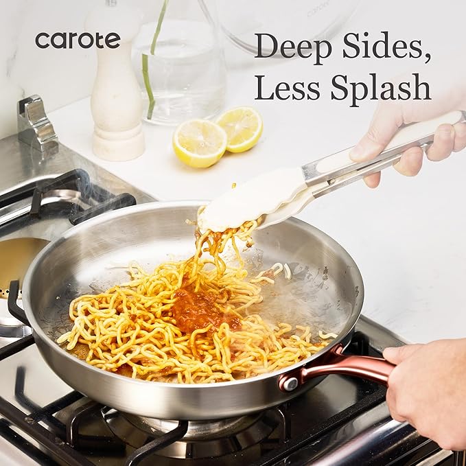 CAROTE 3-Piece Tri-Ply Stainless Steel Frying Pan Set, Skillet Set 8"/10"/12", Induction Compatible, Oven & Dishwasher Safe, Gold Handle