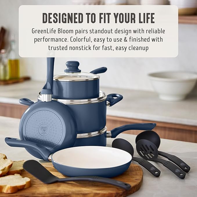 GreenLife 16-Piece Nonstick Cookware Set, Non-Toxic Ceramic Pots and Pans Set, Durable Healthy Kitchen Essentials, Fast Heating, Induction Ready, Easy Clean Dishwasher Safe, PFAS-Free, Slate Blue