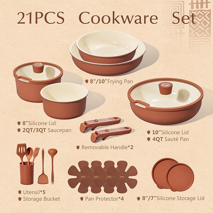 CAROTE 21-Piece Ceramic Cookware Set, Nonstick Pots and Pans Set with Detachable Handle, Non-Toxic Kitchen Cooking Set, Induction Compatible, Dishwasher & Oven Safe, Terracotta
