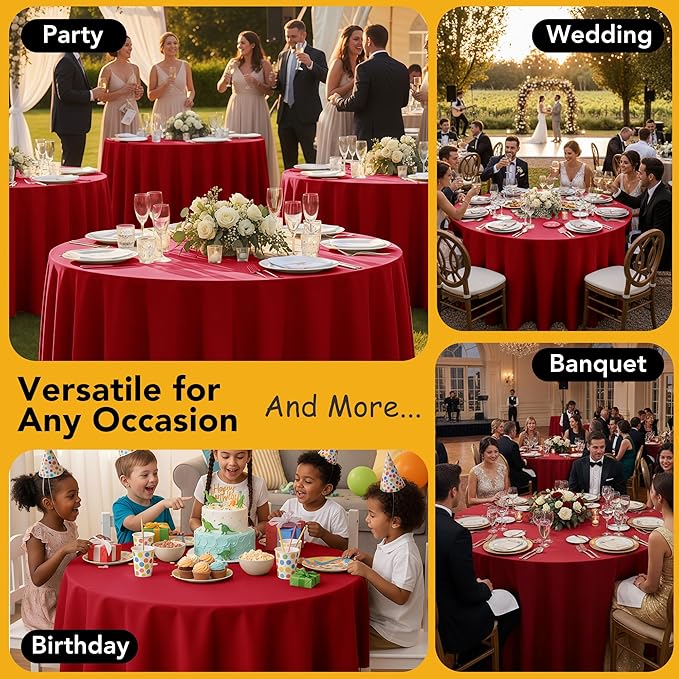 6-Pack Red Round Tablecloths, 132 Inches, Stain-Resistant Polyester for 6-8 Ft Round Tables - Washable Table Covers for Weddings, Banquets, Birthday Parties, Events