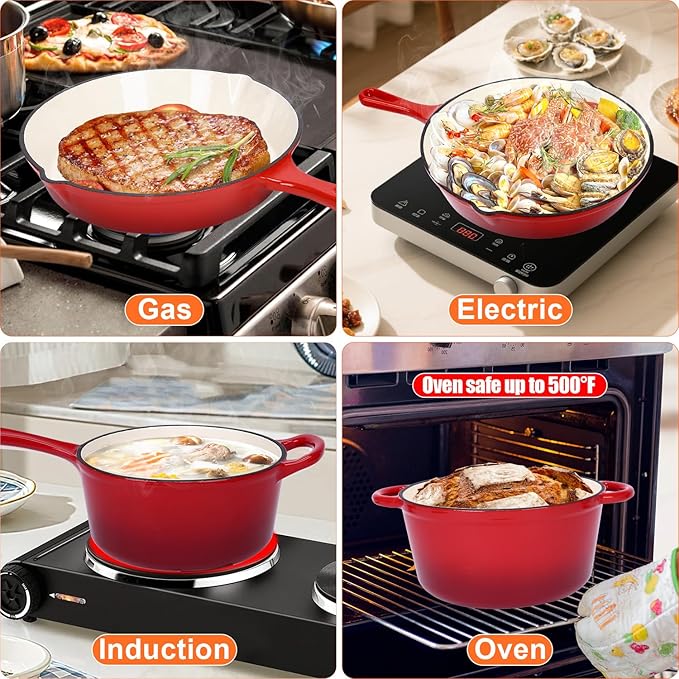 QuliMetal Nonstick Enameled Cast Iron Cookware Set, 5 Pcs Pots and Pans with Lid, Skillet, Frying Pan, Saucepan & Dutch Oven for All Stovetops, PFA Free - Ideal for Sourdough Bread Baking