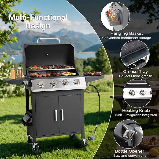 4-Burner Propane BBQ Grill, Stainless Steel Outdoor Gas Grill with 40,000 BTU, Porcelain-Coated Grates and Foldable Side Shelves, Perfect for Patio & Backyard Cooking (Black)