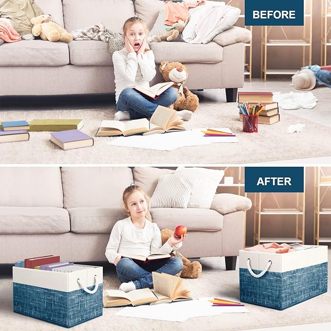 Fab totes Storage Bins [3-Pack], Foldable Storage Baskets for Organizing Toys, Books, Shelves, Closet, Large Storage Box with Rope Handles, Sturdy Organizer Bins, White & Blue