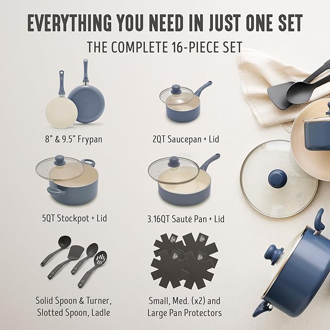 GreenLife 16-Piece Nonstick Cookware Set, Non-Toxic Ceramic Pots and Pans Set, Durable Healthy Kitchen Essentials, Fast Heating, Induction Ready, Easy Clean Dishwasher Safe, PFAS-Free, Slate Blue