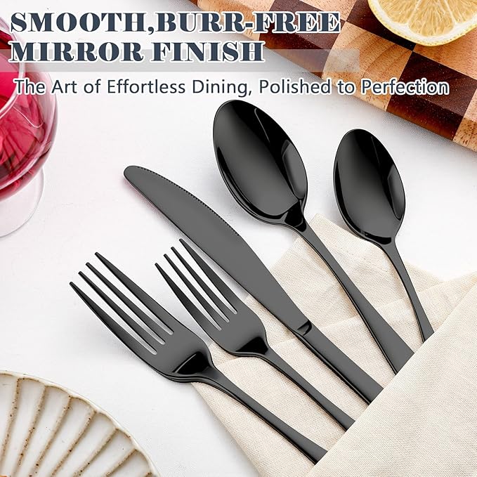 BEWOS 49-Piece Black Silverware Set with Organizer - Stainless Steel Silverware Set for 8 with Steak Knives and Drawer Organizer, Mirror Polished Flatware Set for Home and Restaurant, Dishwasher Safe