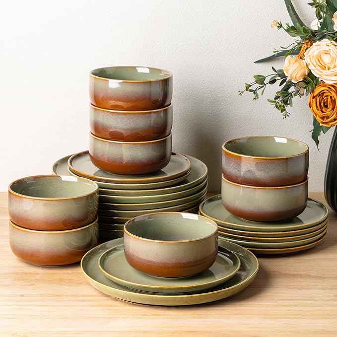 TheTerra Ceramic Dinnerware Sets for 8, 24 Pieces Handmade Reactive Glaze Plates and Bowls Set, Scratch Resistant Dish Set, Oven & Microwave & Dishwasher Safe, Sage Umber
