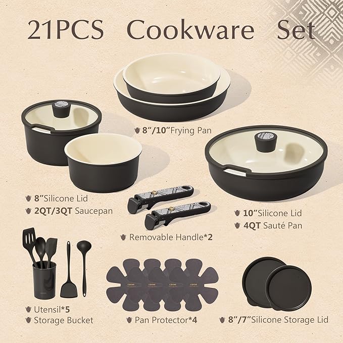 CAROTE 21-Piece Ceramic Cookware Set, Nonstick Pots and Pans Set with Detachable Handle, Non-Toxic Kitchen Cooking Set, Induction Compatible, Dishwasher & Oven Safe, Charcoal