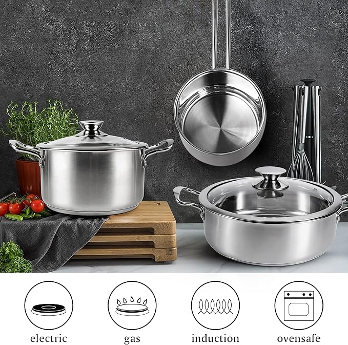 6-Piece Stainless Steel Cookware Set, Induction Pots and Pans Set with Glass Lids, Non-Toxic Kitchen Set for Gas/Electric/Induction, Oven & Dishwasher Safe