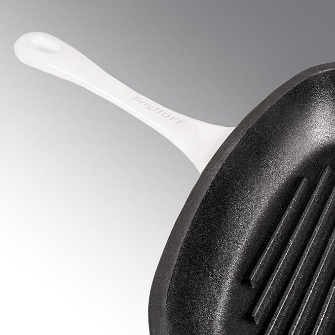 BergHOFF Neo 4Pc Enameled Cast Iron Cookware Set, Grill Pan 11 inches, Fry Pan 10 inches, 3qt. Dutch Oven, Matching Lid, Fast, Evenly Heat, Oven Safe (White)