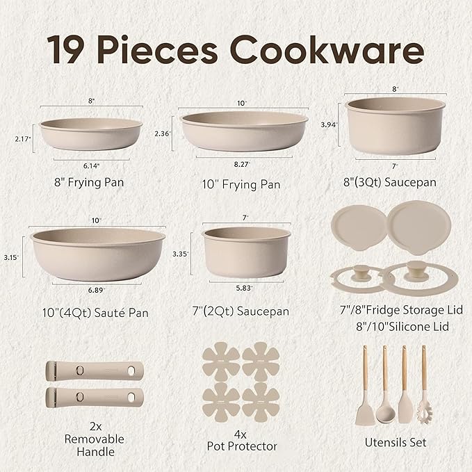 CAROTE 19pcs Pots and Pans Set Non Stick, Nonstick Cookware Set Detachable Handle, Induction Kitchen Cooking Sets with Removable Handle, RV Kitchen, Oven Safe, Taupe
