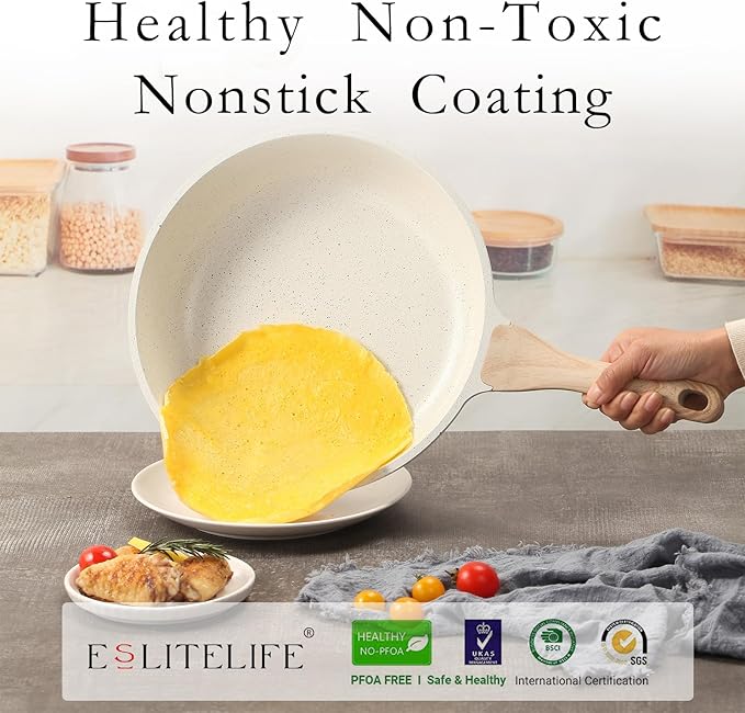 ESLITE LIFE Nonstick Ceramic Frying Pan Skillet with Lid, Non-Toxic Egg Omelette Kitchen Cooking Pans Compatible with All Stovetops (Gas, Electric & Induction), PTFE & PFOA Free (White, 11" w/Lid)