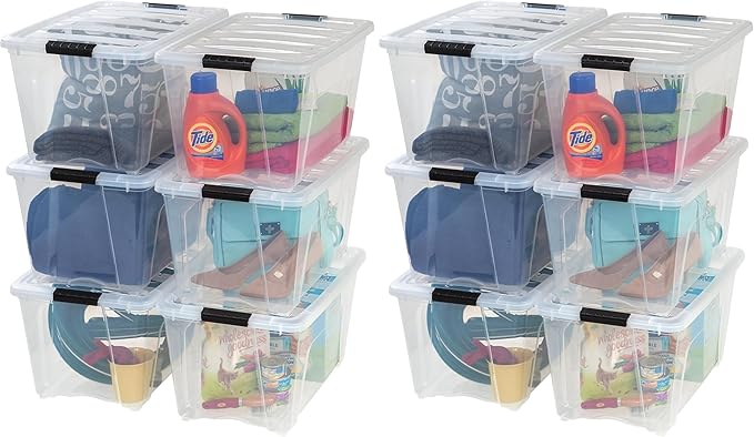 IRIS USA 54 Qt Stackable Plastic Storage Bins with Lids, 12 Pack - BPA-Free, Made in USA - See-Through Organizing Solution, Latches, Durable Nestable Containers, Secure Pull Handle - Clear