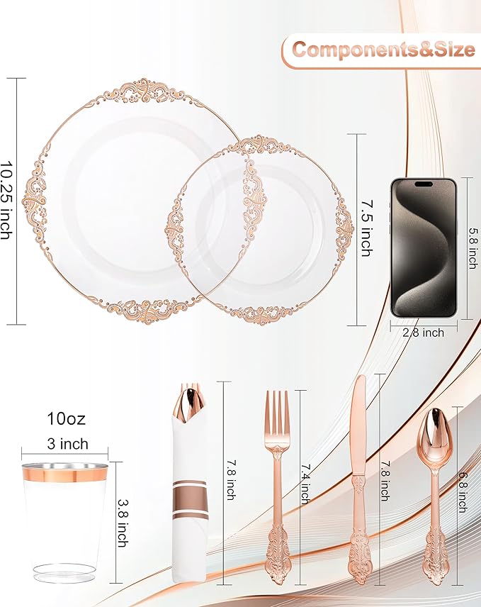 Nervure 350PCS Rose Gold Plastic Plates - Rose Gold Plastic Dinnerware Sets for 50 Guests - 100 Disposable Plates, 150 Silverware, 50 Cups, 50 Napkins Perfect for Wedding & Party & Mothers Day
