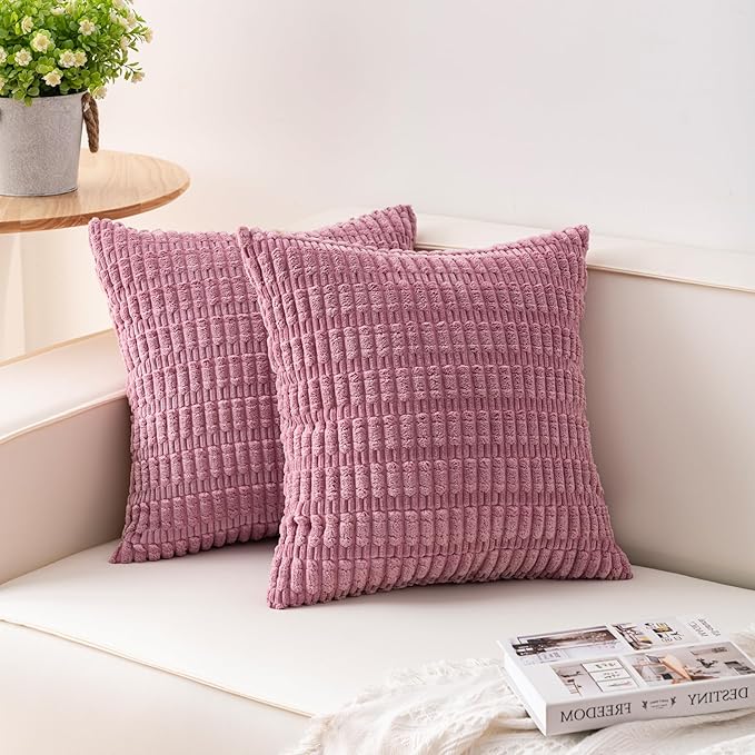 Pack of 2 Corduroy Decorative Throw Pillow Covers 20x20 Inch Soft Striped Pillow Covers Modern Farmhouse Home Decor for Sofa Living Room Couch Bed（Pink）