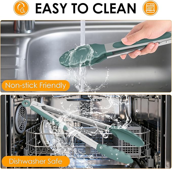 HOTEC Premium Stainless Steel Locking Kitchen Tongs with Silicon Tips, Set of 2-9" and 12",Sage Green