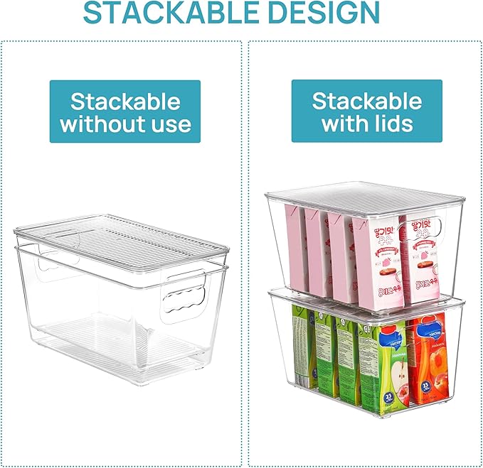 Vtopmart 12 Pack Clear Stackable Storage Bins with Lids, Medium Plastic Containers with Handle for Pantry Organizer and Storage,Perfect for Kitchen,Fridge,Cabinet, Closet,Bathroom Organization