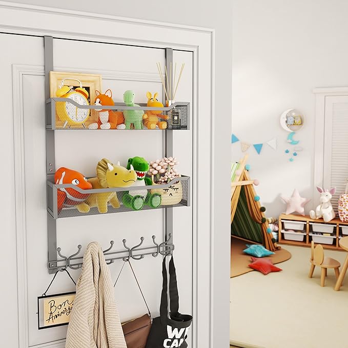 SWTYMIKI Over The Door Hooks Organizer - Multi-Functional Door Hanger with 16 Hooks & 2 Mesh Baskets, Long Coat Rack for Bathroom, Bedroom, Living Room, Home Storage Organizer, Gray