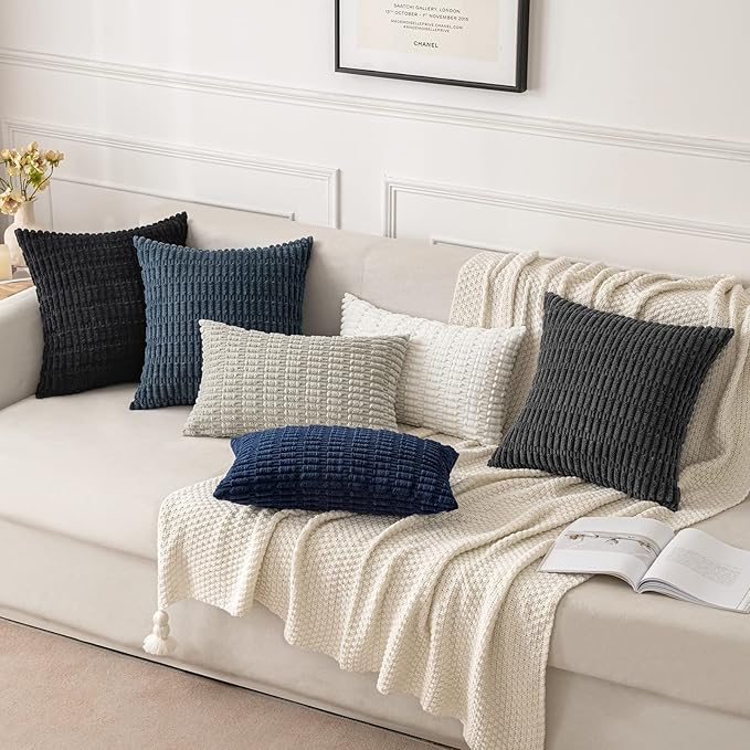 MIULEE Pack of 2 Corduroy Decorative Euro Sham Throw Pillow Covers 22x22 Inch Soft Boho Striped Pillow Covers Modern Farmhouse Home Decor for Summer Coastal Sofa Living Room Couch Bed Dark Blue