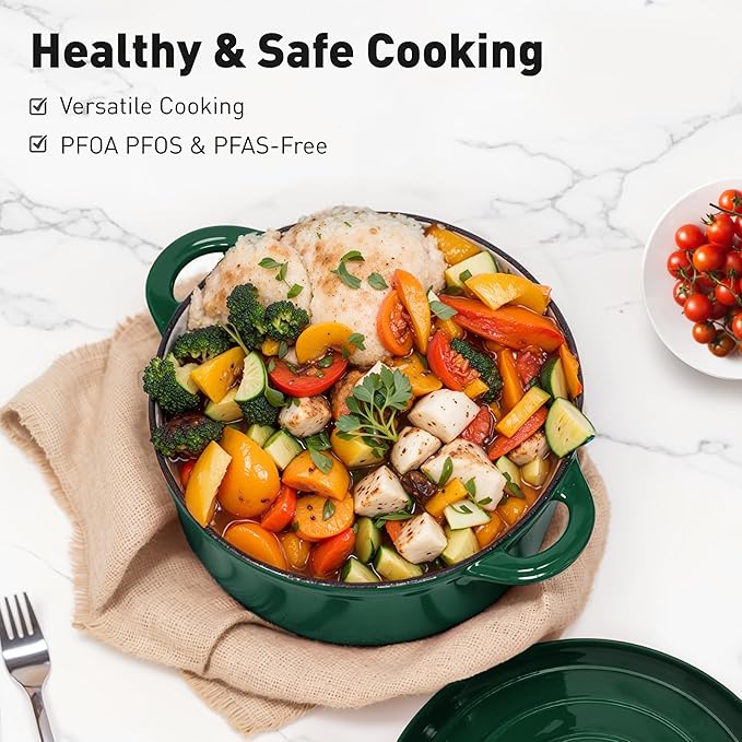 MAISON ARTS 7 Piece Enameled Cast Iron Cookware Set, Induction Dutch Oven Pot with Lid, Emerald Non Toxic Pots and Pans set, PFOA-PFOS Free