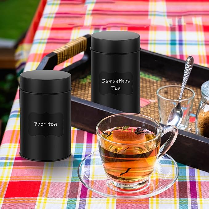 Tanlade 6 Pcs Tea Tin Canisters Airtight Double Lid Metal Storage Containers with Erasable Labels Marker, 14 oz Round Tins for Loose Leaf Tea Coffee Sugar Spice Pantry Organization