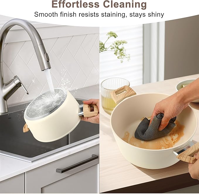 FAB&DELUXE 11Pcs Nonstick Cookware Set, Aluminum Nonstick Pots and Pans with Lids & Wooden Handles, Silicone Spoons & Spatulas, Non-toxic Healthy Kitchen Cooking Sets, PFAS & PFOA Free