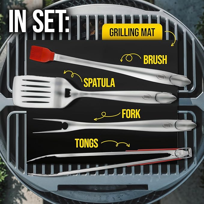 Kaluns BBQ Grilling Accessories, Grilling Gifts for Men Dad, Grill Tools for Outdoor Grill, Heavy Duty Stainless Steel Grill Set with Spatula, Tongs, Fork, Brush, & Grilling Mat, Best BBQ Gifts