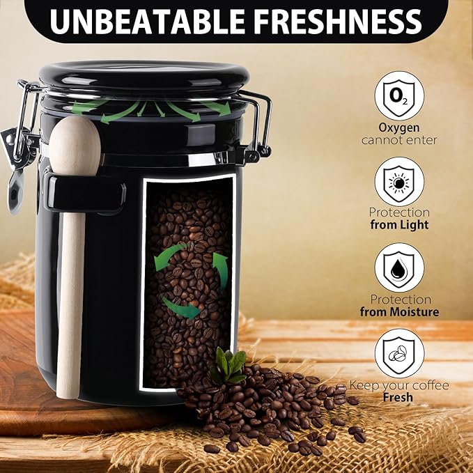 4-Piece Airtight Ceramic Canisters Set with Wooden Spoons & Chalk Labels – Perfect for Coffee, Sugar, Flour, Tea (Black) – Stylish & Leakproof Kitchen Storage