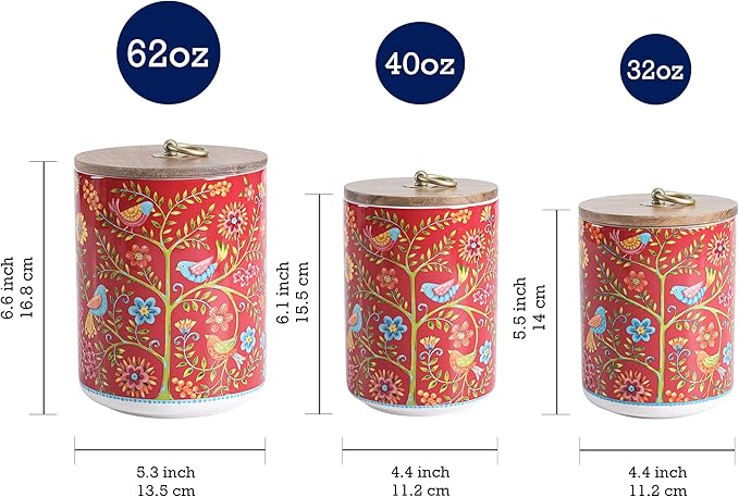 Bico Red Spring Bird Ceramic Canister Set of 3 for Kitchen Counter, 62oz, 40oz, 32oz each, with Wooden Air Tight Lid, Food Storage Jar for storing Coffee, Tea, Spice, Dishwasher Safe