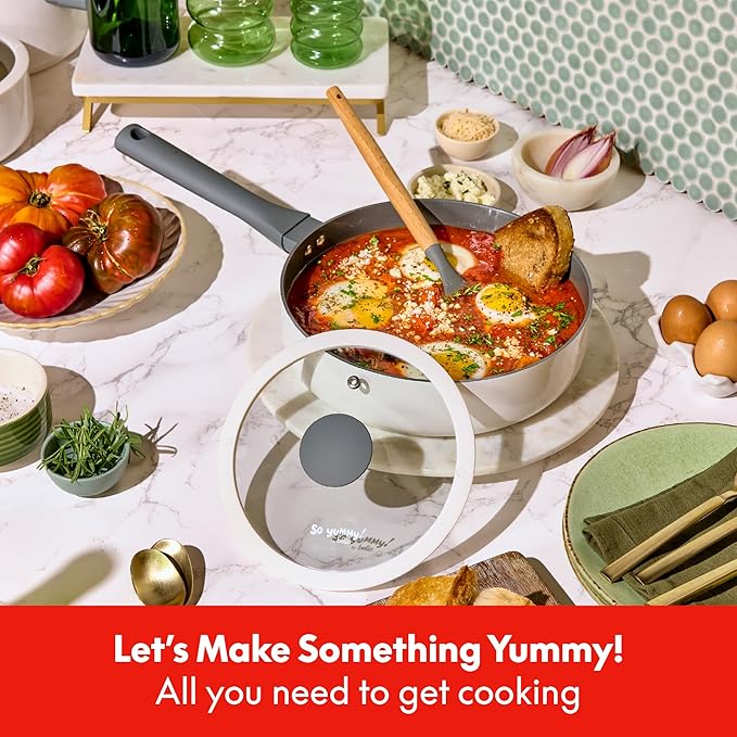 So Yummy by bella 12 Piece Cookware Set w EverGood™ Ceramic Nonstick Coating and Silicone & Wood Utensils, Dishwasher Safe Silicone & Glass Lids, Oven Safe & All Stovetop Compatible, Frost, So Yummy