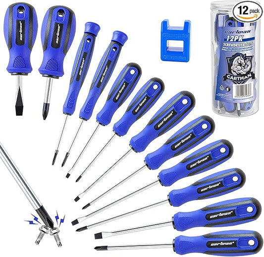 CARTMAN 12 Piece Magnetic Screwdriver Set 6 Phillips and 6 Flat Professional Cushion Grip Hand Tools Set