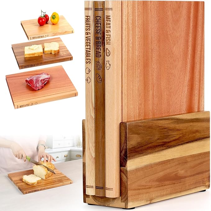Book Cutting Board Set of 3 with Stand-The Cutting Board Library, Solid Wood Book-Shaped Boards for Serving & Display, Labeled Meat & Fish, Bread & Cheese, Fruits&Vegetables-Decorative Cutting Boards.