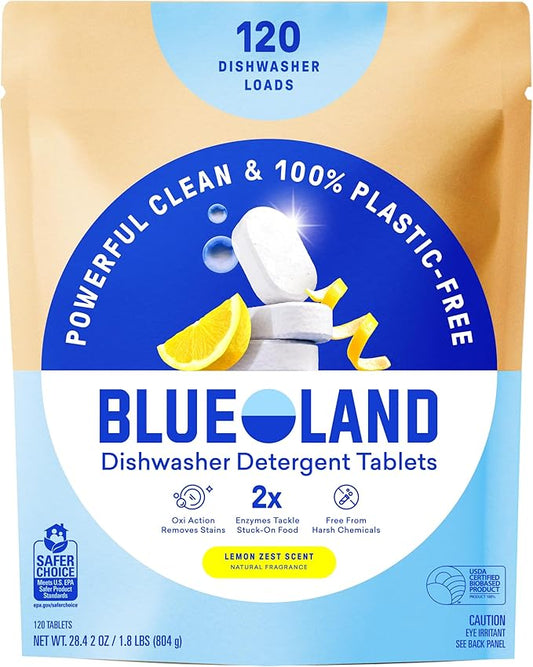 BLUELAND 100% Plastic-Free Dishwasher Detergent Tablets, 120 Count, Lemon Zest Scent, Eco Friendly Dishwashing Pods, Natural, USDA Certified biobased