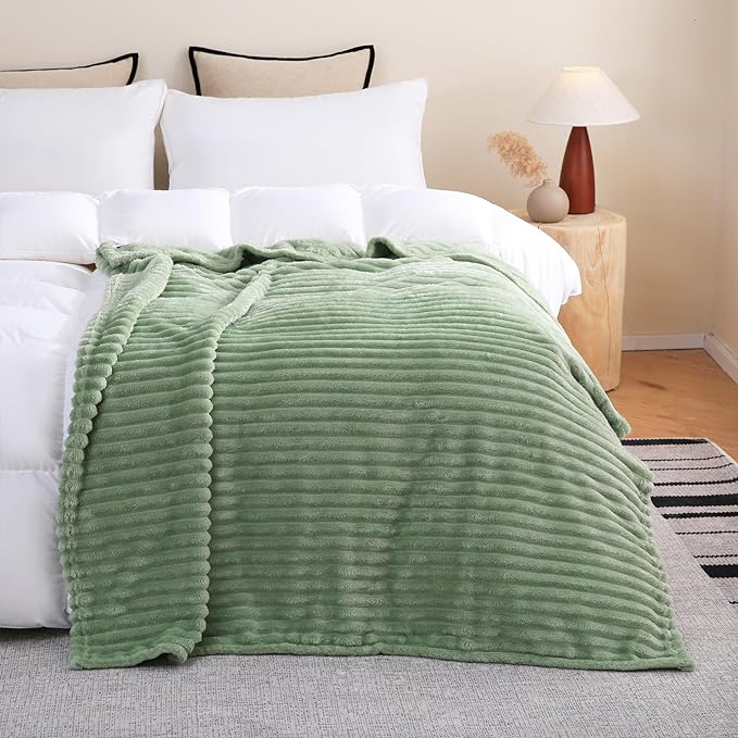 Sage Green Fleece Throw Blanket 108”×90” for Couch Sofa Bed,Super Soft Cozy Plush Microfiber Flannel Blanket with Stripes Design Lightweight for Adults,Woman,Girls