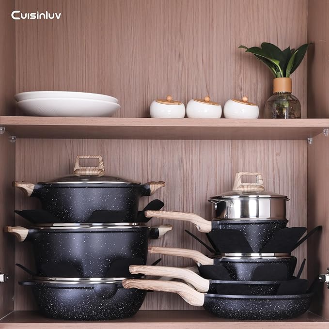 23Pcs Pots and Pans Set Non Stick, Kitchen Cookware Sets, Granite Induction Cookware Non Stick Cooking Set w/Frying Pans, Saucepans, Griddle, EggPan (Black)