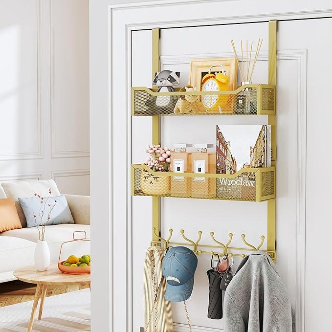 SWTYMIKI Over The Door Hooks Organizer - Multi-Functional Door Hanger with 16 Hooks & 2 Mesh Baskets, Long Coat Rack for Bathroom, Bedroom, Living Room, Home Storage Organizer, Gold