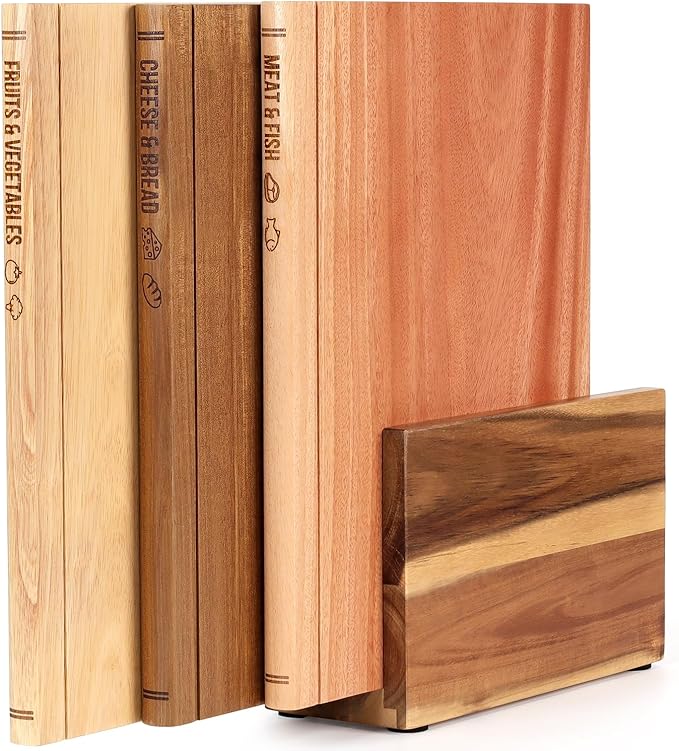 Book Cutting Board Set of 3 with Stand-The Cutting Board Library, Solid Wood Book-Shaped Boards for Serving & Display, Labeled Meat & Fish, Bread & Cheese, Fruits&Vegetables-Decorative Cutting Boards.