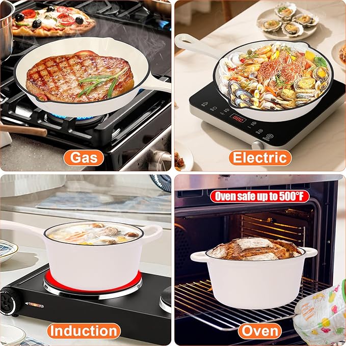 QuliMetal Nonstick Enameled Cast Iron Cookware Set, 5-Piece Pots and Pans Set with Lids, Skillet, Frying Pan, Saucepan & Dutch Oven for All Stovetops, PFOA Free, Ideal for Sourdough Bread Baking