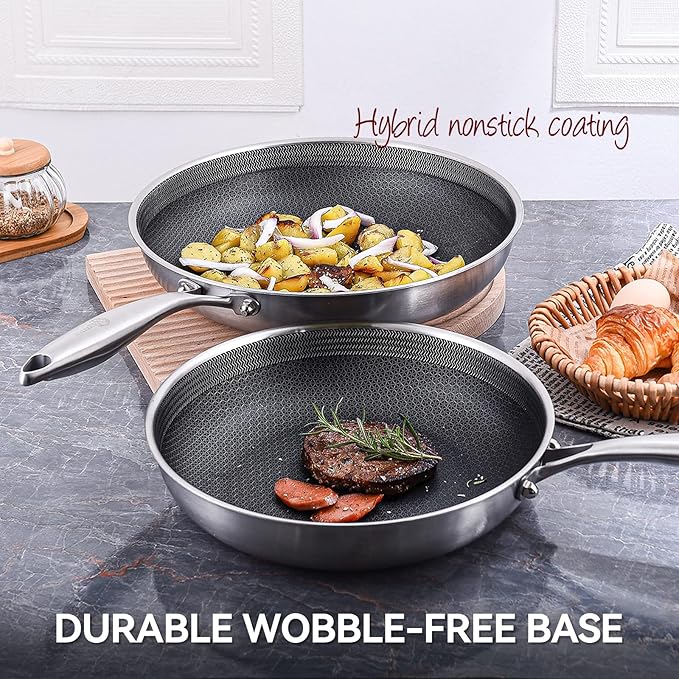 LOLYKITCH 10-12 Inch Tri-ply Hybrid Nonstick Stainless Steel Sauté Pan with Lids,Deep Frying Pan Set,Skillets,Induction Pots and Pans,Heavy Duty and Oven Safe,Detachable Handle.