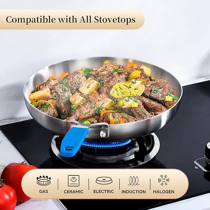 Inqibee 8.5-12 Inch Tri-Ply Stainless Steel Frying Pan set with a Lid, Skillets, Chef's Pan, Induction Cooking Pans Set, All Cooktops, Dishwasher and Detachable Handle