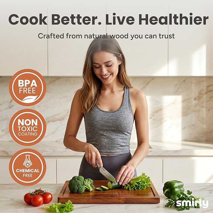 SMIRLY Wood Cutting Boards for Kitchen Wooden Chopping Board Set Reversible with Deep Juice Grooves Grip Handles, Large Charcuterie Tray, Ideal for Chopping Meat Vegetables Teak Wood, 3Pcs with Holder