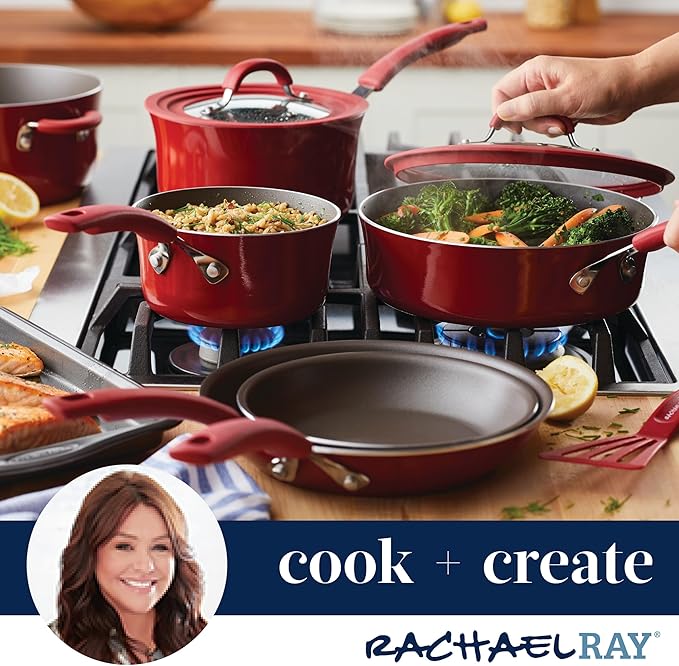 Rachael Ray Cook + Create Nonstick Cookware/Pots and Pan Set, 10 Piece, Red