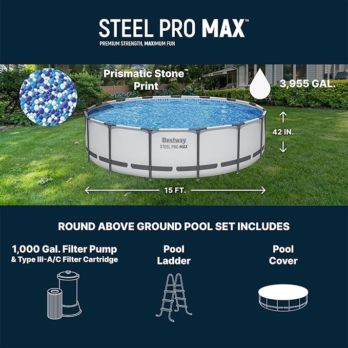 Piscine hors sol Bestway Steel Pro MAX 4,57 m x 1,07 m, cadre métallique rond avec pompe de filtration, échelle et bâche, grise